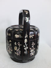 Load image into Gallery viewer, Basket: Antique Black Lacquer Basket with Mother of Pearl Inlaid Flowers