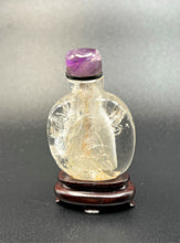 Load image into Gallery viewer, Snuff Bottle: Antique Rock Crystal Snuff Bottle with Amethyst Cap and Wood Stand