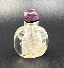 Load image into Gallery viewer, Snuff Bottle: Antique Rock Crystal Snuff Bottle with Amethyst Cap and Wood Stand