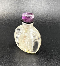 Load image into Gallery viewer, Snuff Bottle: Antique Rock Crystal Snuff Bottle with Amethyst Cap and Wood Stand