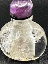 Load image into Gallery viewer, Snuff Bottle: Antique Rock Crystal Snuff Bottle with Amethyst Cap and Wood Stand