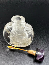 Load image into Gallery viewer, Snuff Bottle: Antique Rock Crystal Snuff Bottle with Amethyst Cap and Wood Stand