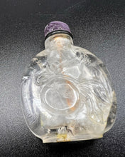 Load image into Gallery viewer, Snuff Bottle: Antique Rock Crystal Snuff Bottle with Amethyst Cap and Wood Stand