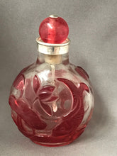 Load image into Gallery viewer, Snuff Bottle: Antique Beijing Glass Bottle with Red Overlay Design of Fish and Orchid