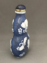 Load image into Gallery viewer, Snuff Bottle: Vintage Blue Frosted Beijing Glass with White Overlay and Four Character Mark of Qianlong