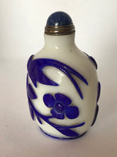 Load image into Gallery viewer, Snuff Bottle: Opaline Glass Bottle with Blue Overlay of Flowers and Birds