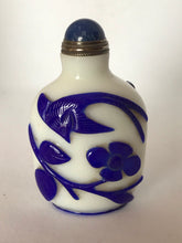 Load image into Gallery viewer, Snuff Bottle: Opaline Glass Bottle with Blue Overlay of Flowers and Birds