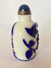 Load image into Gallery viewer, Snuff Bottle: Opaline Glass Bottle with Blue Overlay of Flowers and Birds