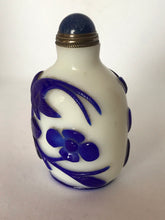 Load image into Gallery viewer, Snuff Bottle: Opaline Glass Bottle with Blue Overlay of Flowers and Birds