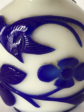 Load image into Gallery viewer, Snuff Bottle: Opaline Glass Bottle with Blue Overlay of Flowers and Birds