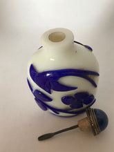Load image into Gallery viewer, Snuff Bottle: Opaline Glass Bottle with Blue Overlay of Flowers and Birds