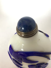 Load image into Gallery viewer, Snuff Bottle: Opaline Glass Bottle with Blue Overlay of Flowers and Birds