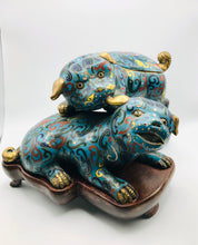 Load image into Gallery viewer, Mid 19th Century Playful Cloisonne Puppies on a Wood Stand