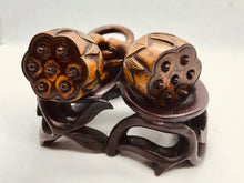 Load image into Gallery viewer, Antique Chinese Curio - Wood Carving of Interlocking Lotus Pods on a Wood Stand