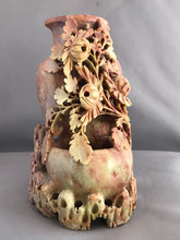 Load image into Gallery viewer, Soapstone Carving: Vintage Carving of Chrysanthemums on Craggy Rocks