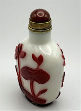 Load image into Gallery viewer, Snuff Bottle: Vintage Opaline Glass with Red Glass Overlay of Lotus