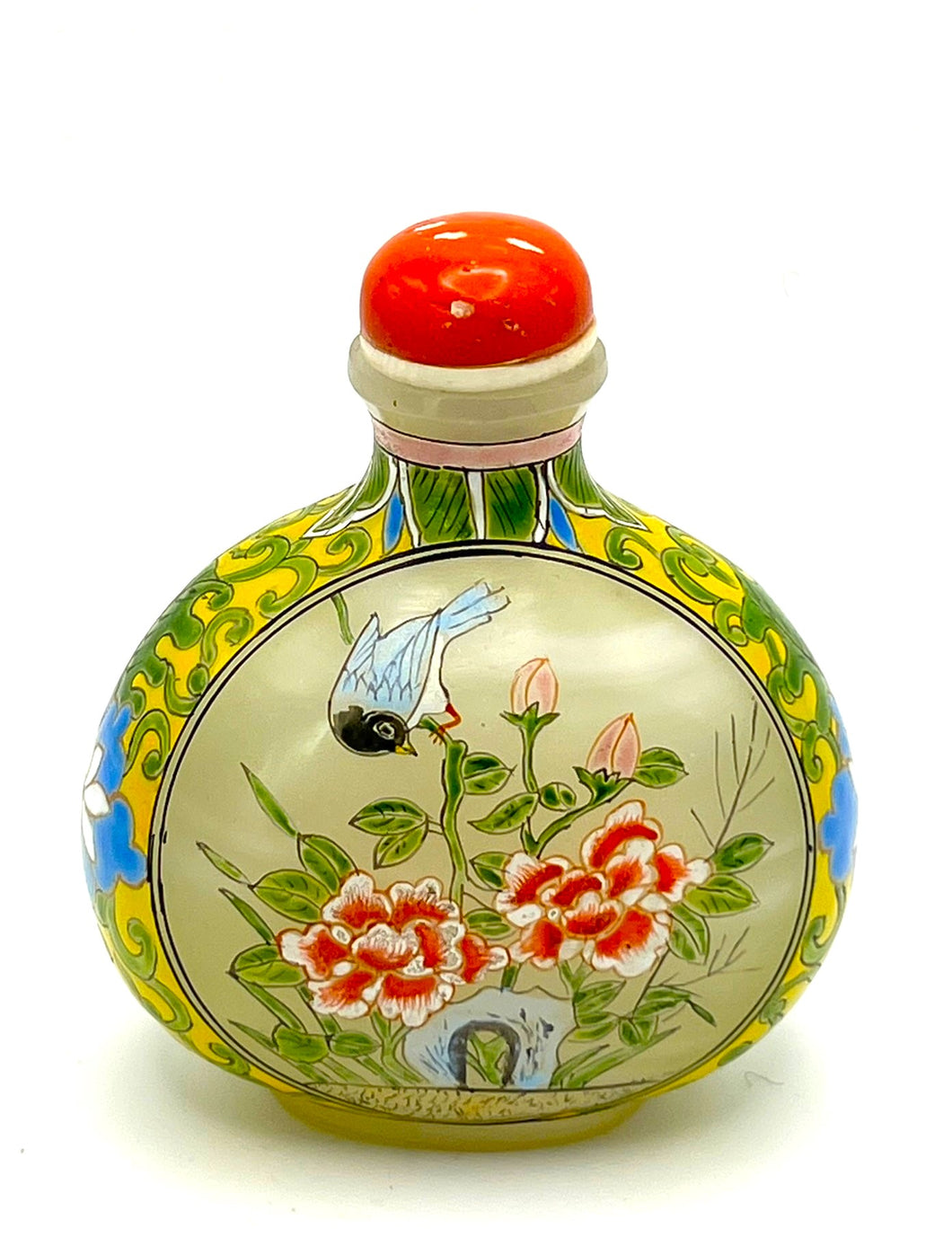 Vintage Painted Glass Snuff Bottle in Famille Rose Enamel with Qianlong Mark