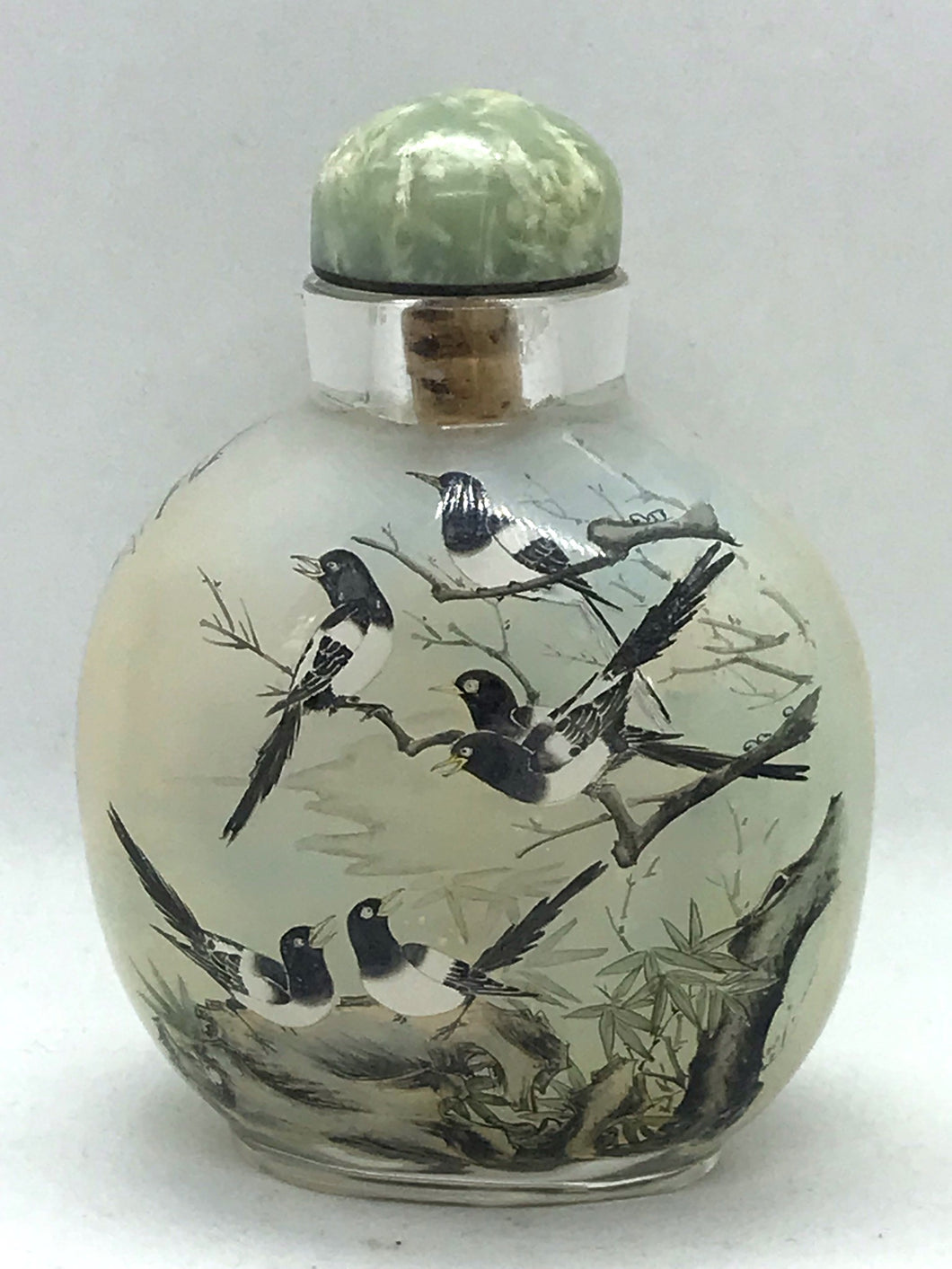 Chinese Inside Painted Snuff Bottle with Magpies and Date 1998