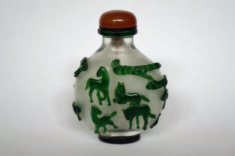 Vintage Frosted Glass Snuff Bottle with Eight Horses of King Mu