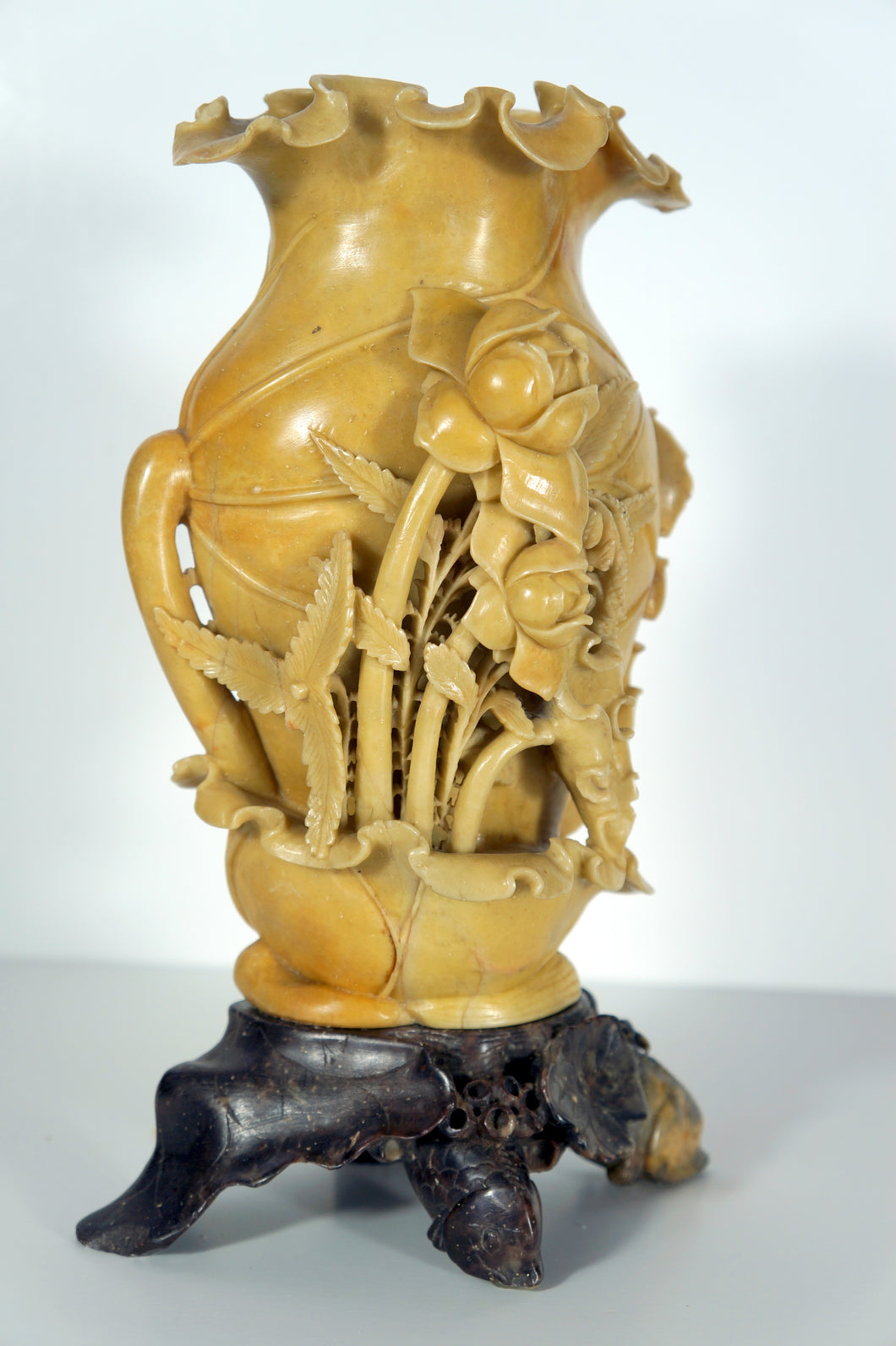Soapstone Carving: Beautiful Carving of Lotuses on a Vase