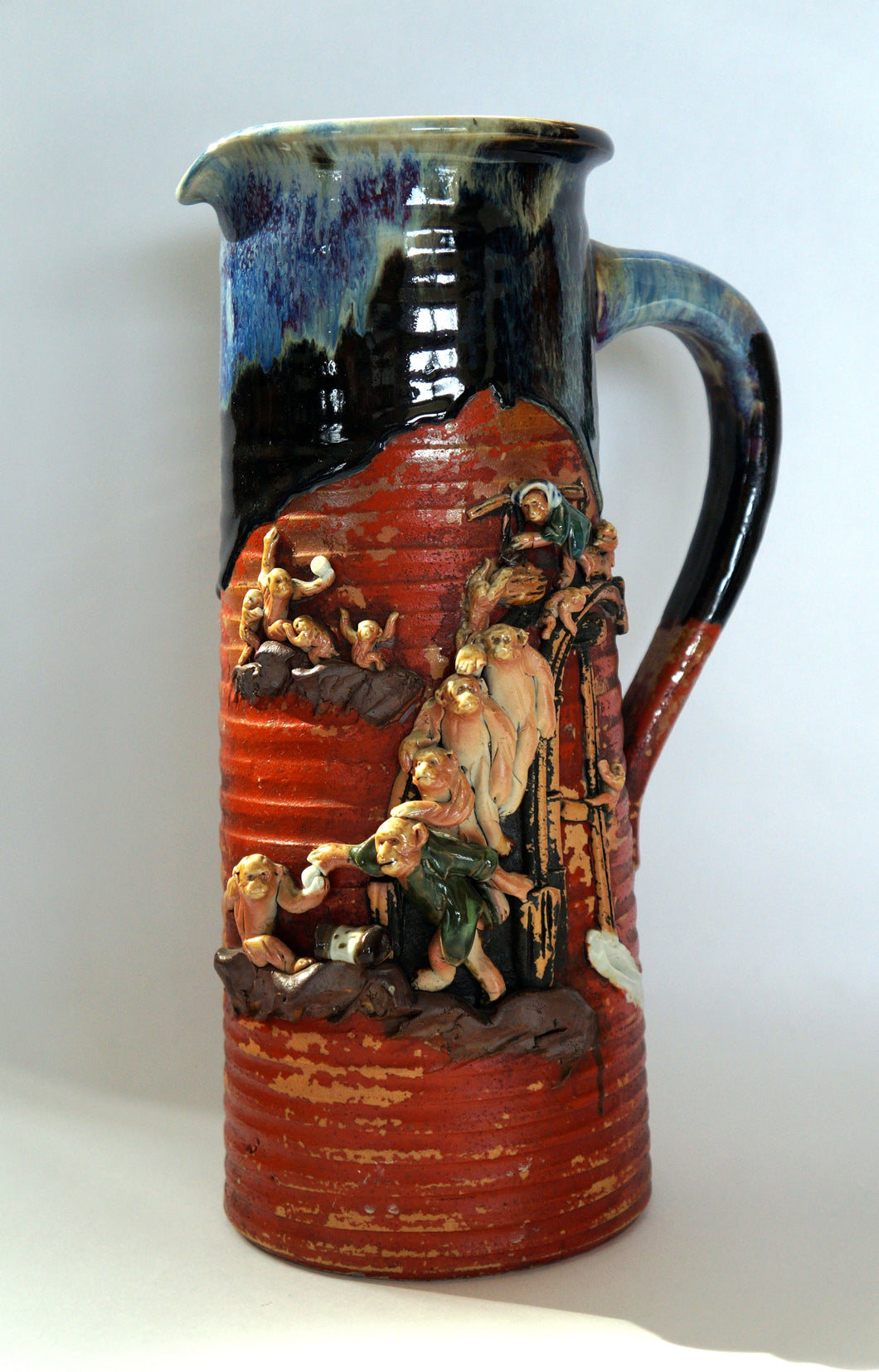 Japanese Ceramics: Sumida Ware of a Tall Pitcher with 13 Monkeys