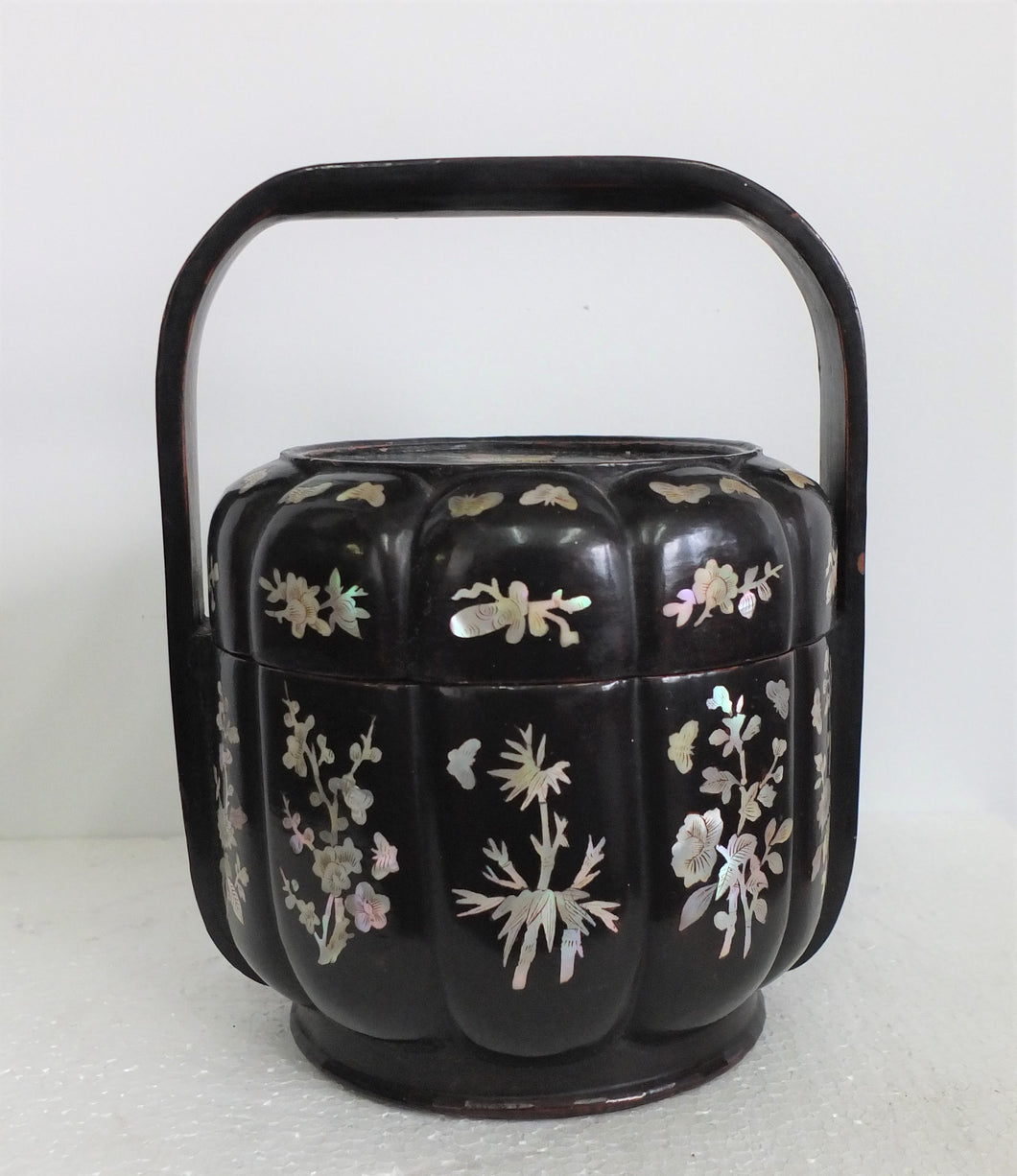 Basket: Antique Black Lacquer Basket with Mother of Pearl Inlaid Flowers