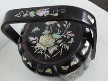 Load image into Gallery viewer, Basket: Antique Black Lacquer Basket with Mother of Pearl Inlaid Flowers

