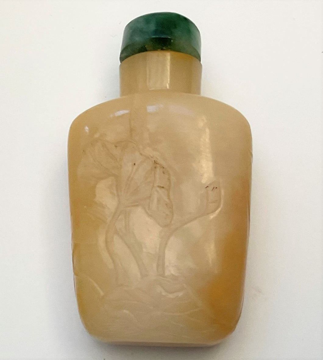 Snuff Bottle: Antique Yellow Jade Bottle with Floral Carving