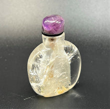 Load image into Gallery viewer, Snuff Bottle: Antique Rock Crystal Snuff Bottle with Amethyst Cap and Wood Stand
