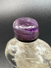 Load image into Gallery viewer, Snuff Bottle: Antique Rock Crystal Snuff Bottle with Amethyst Cap and Wood Stand
