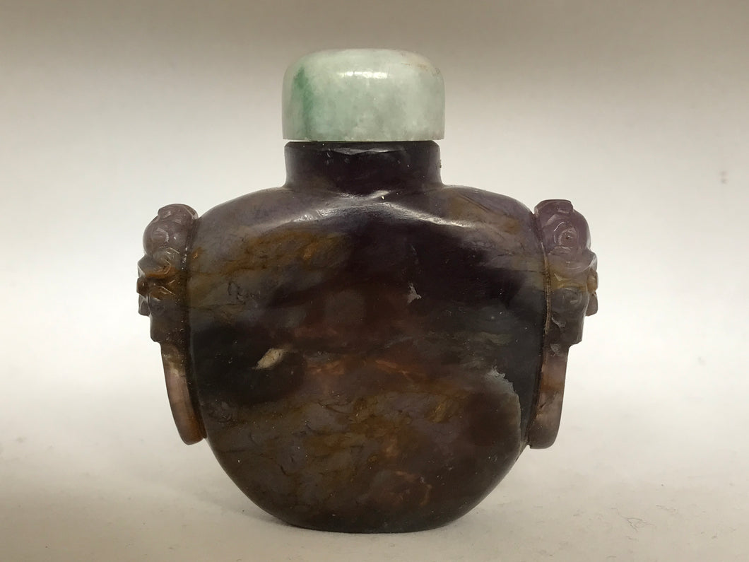 Snuff Bottle: Large Vintage Purple Moss Agate Bottle with Ringed Lion Masks