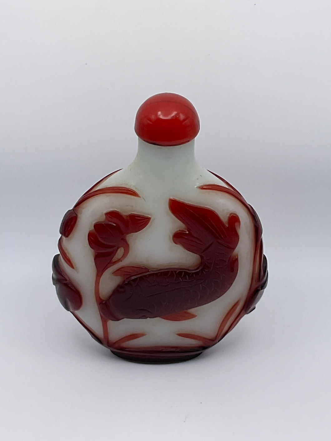 Snuff Bottle: Early 20th Century Oversize Large Opaline Glass Snuff Bottle With Red Overlay of Fish Design