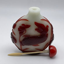 Load image into Gallery viewer, Snuff Bottle: Early 20th Century Oversize Large Opaline Glass Snuff Bottle With Red Overlay of Fish Design
