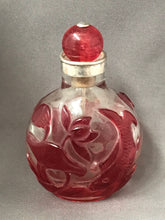 Load image into Gallery viewer, Snuff Bottle: Antique Beijing Glass Bottle with Red Overlay Design of Fish and Orchid
