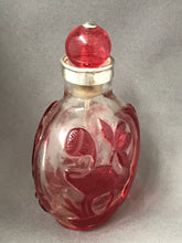 Load image into Gallery viewer, Snuff Bottle: Antique Beijing Glass Bottle with Red Overlay Design of Fish and Orchid
