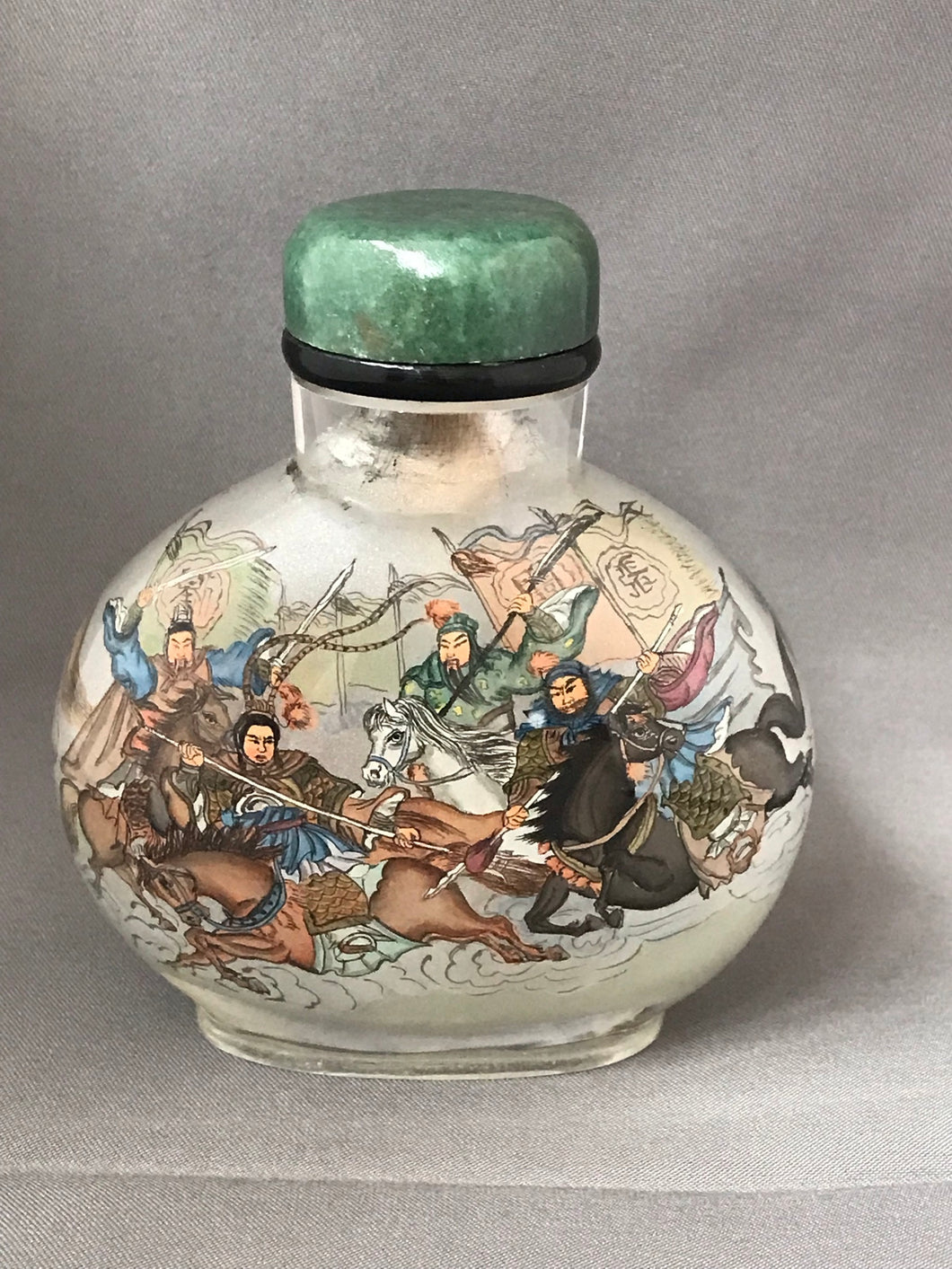 Inside Painted Snuff Bottle with Fighting Cavalary from the Romance of the Three Kingdoms