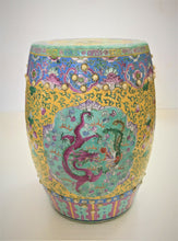 Load image into Gallery viewer, Vintage Painted Porcelain Garden Seat in Famille Rose Colors with Dragon and Phoenix
