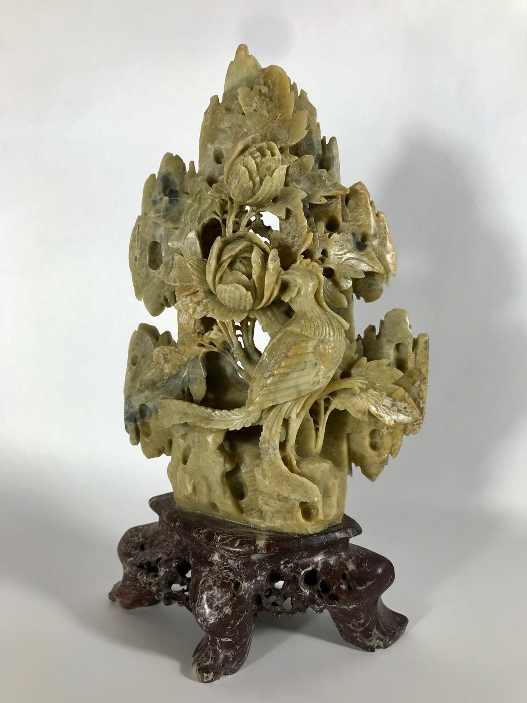 Vintage Soapstone Carving of a Phoenix and Peonies