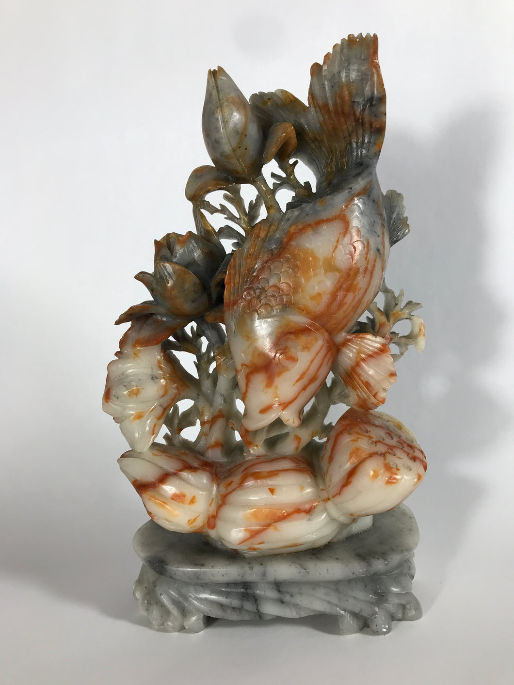 Soapstone Carving: Colorful Soapstone Carving of a Fish and Lotus