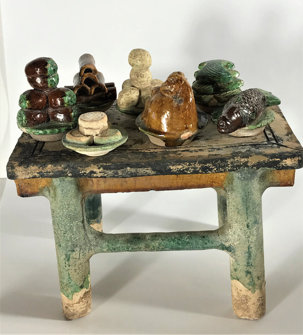 Chinese Antiquity:  Painted Pottery Altar Table With Food and Wine Offerings From the Ming Dynasty - 8 Piece Set