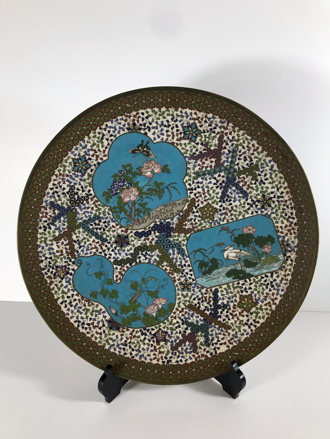 Early Japanese Cloisonne Charger with Flora and Fauna