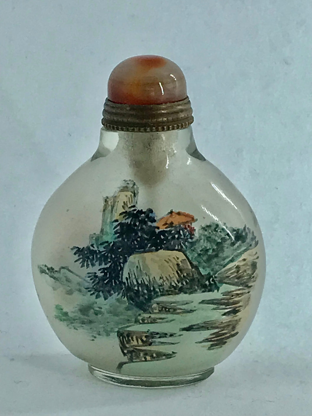 Small Glass Snuff Bottle w Asian Drawing/Green Stopper