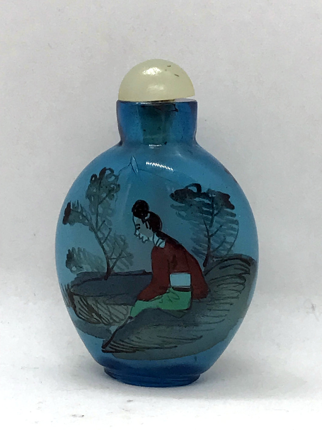 Snuff Bottle:  Cobalt Blue Glass Bottle with Inside Painting of Ladies
