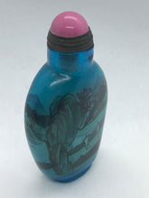 Load image into Gallery viewer, Snuff Bottle: Inside Painted Blue Glass Bottle with Landscape Painting and China Mark
