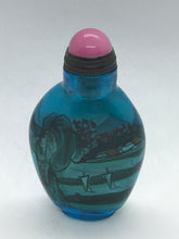 Load image into Gallery viewer, Snuff Bottle: Inside Painted Blue Glass Bottle with Landscape Painting and China Mark
