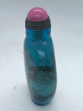 Load image into Gallery viewer, Snuff Bottle: Inside Painted Blue Glass Bottle with Landscape Painting and China Mark
