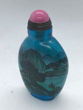 Load image into Gallery viewer, Snuff Bottle: Inside Painted Blue Glass Bottle with Landscape Painting and China Mark
