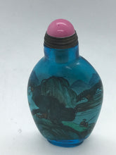 Load image into Gallery viewer, Snuff Bottle: Inside Painted Blue Glass Bottle with Landscape Painting and China Mark
