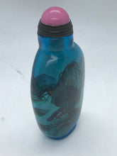 Load image into Gallery viewer, Snuff Bottle: Inside Painted Blue Glass Bottle with Landscape Painting and China Mark
