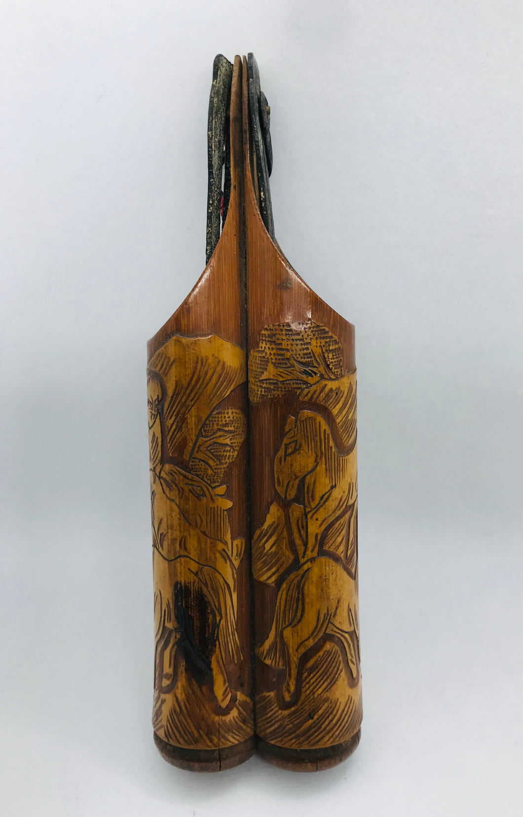 Bamboo Carving: Antique Chinese Bamboo Container with Carving of Horses